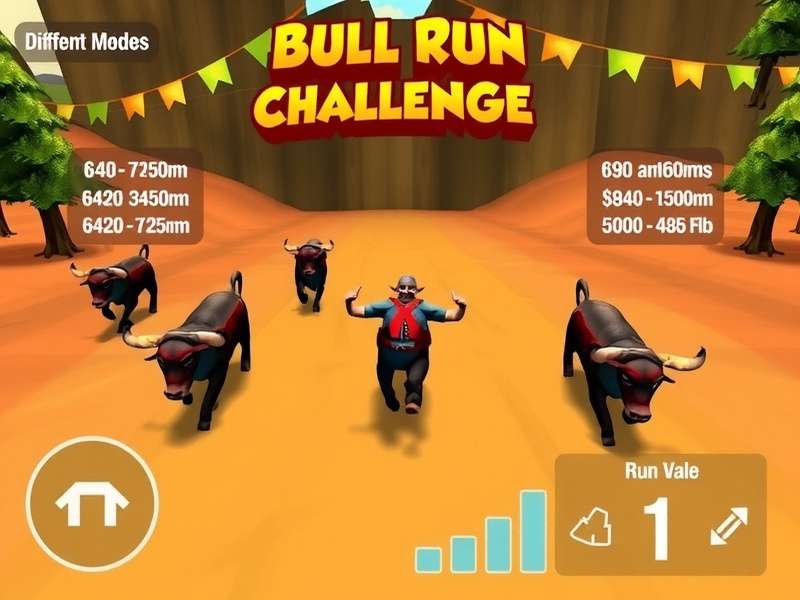 Bull Run Challenge gameplay screenshot showing character running from bulls